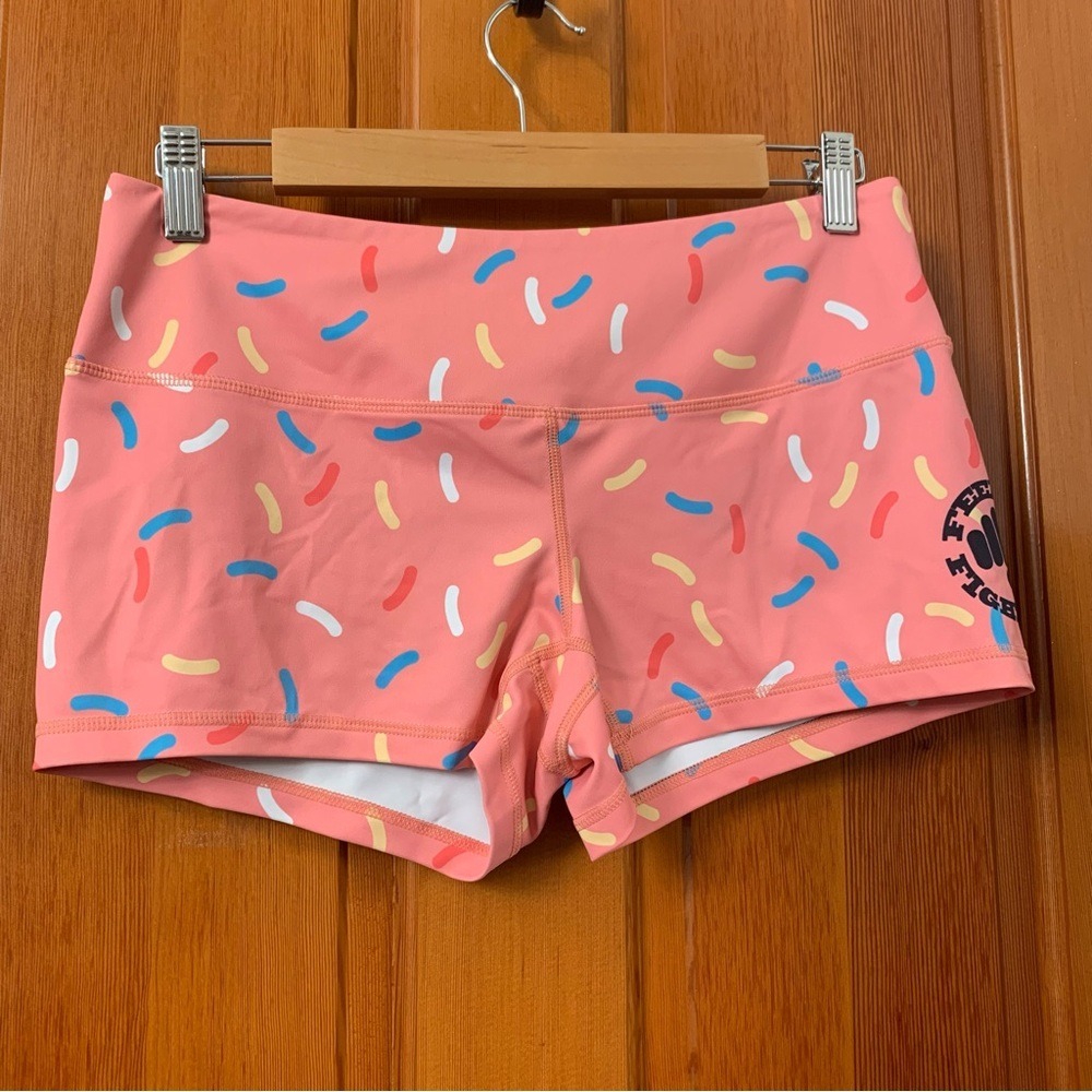 Feed Me Fight Me Sprinkle Print Athletic Shorts Womens Medium Pink Excellent - Picture 7 of 9